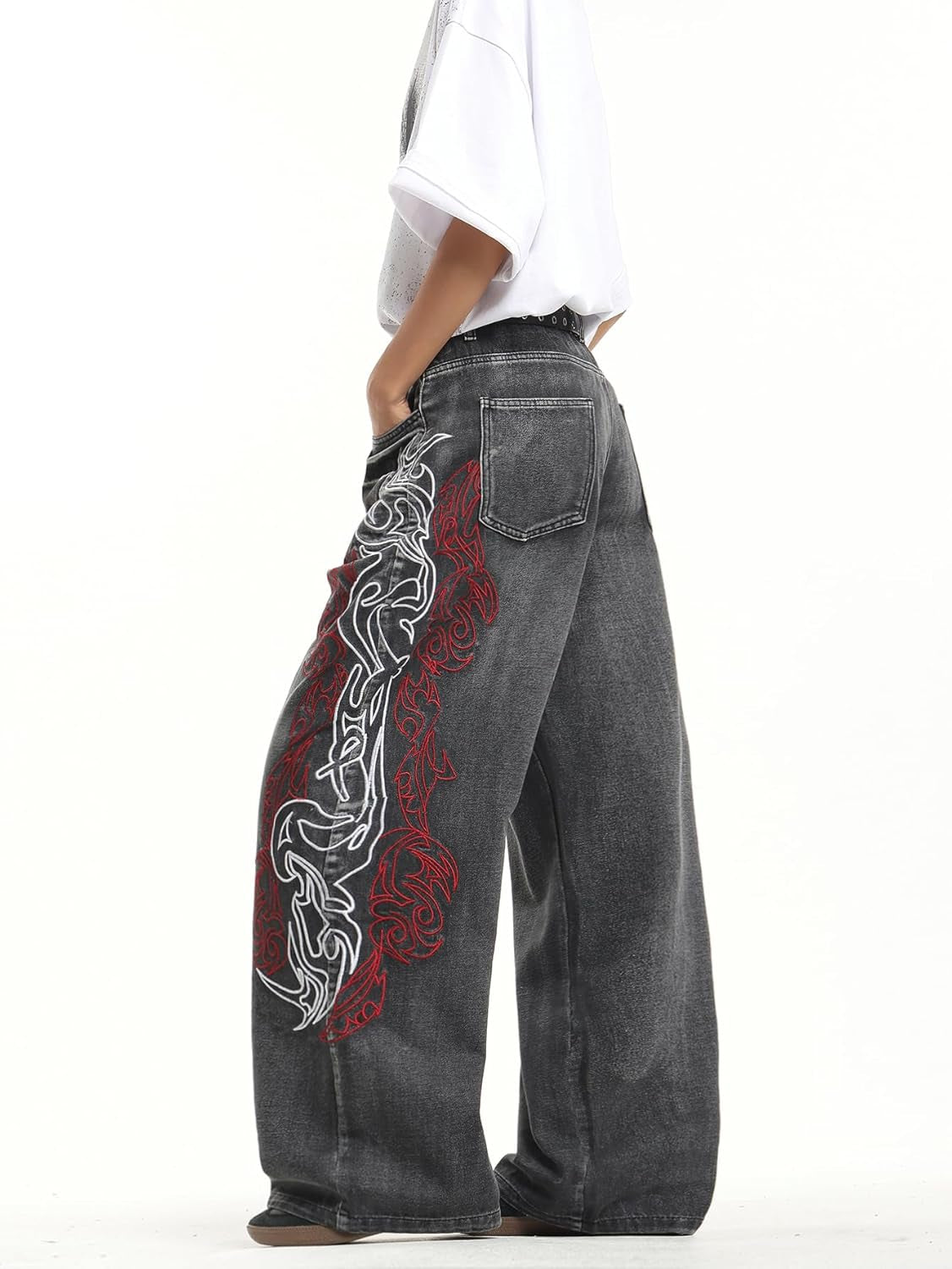 Men'S Hip Hop Baggy Jeans Embroidered Wide Leg Skater Jeans Loose Fit Denim Pants Streetwear