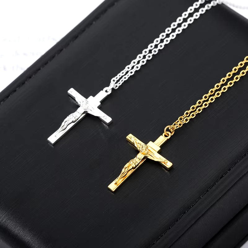 Christian Jesus Cross Necklace for Women Men Stainless Steel Chains Choker Religion Cross Pendants Jewelry Prayer Baptism Gifts
