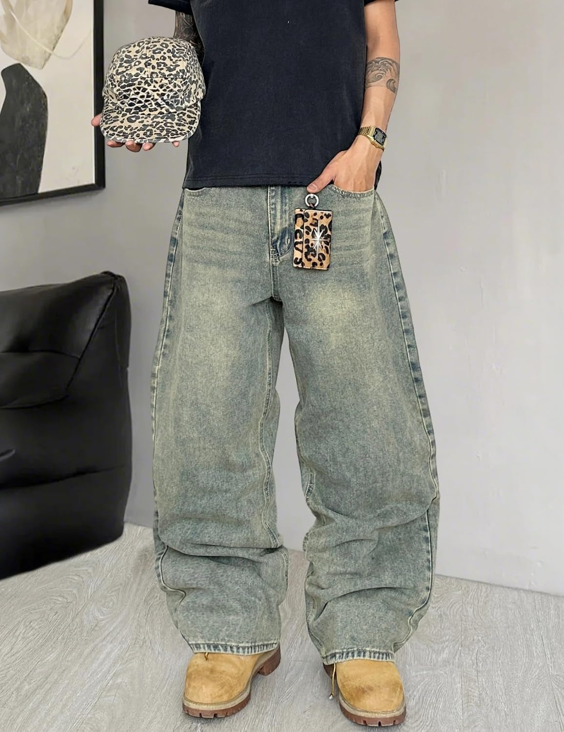 Mens Wide Leg Jeans Super Baggy Pants Y2K Loose Fit Denim Jeans Skater Trousers Streetwear