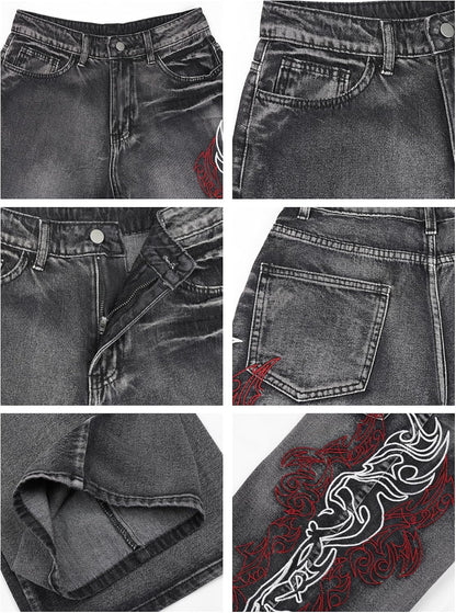 Men'S Hip Hop Baggy Jeans Embroidered Wide Leg Skater Jeans Loose Fit Denim Pants Streetwear