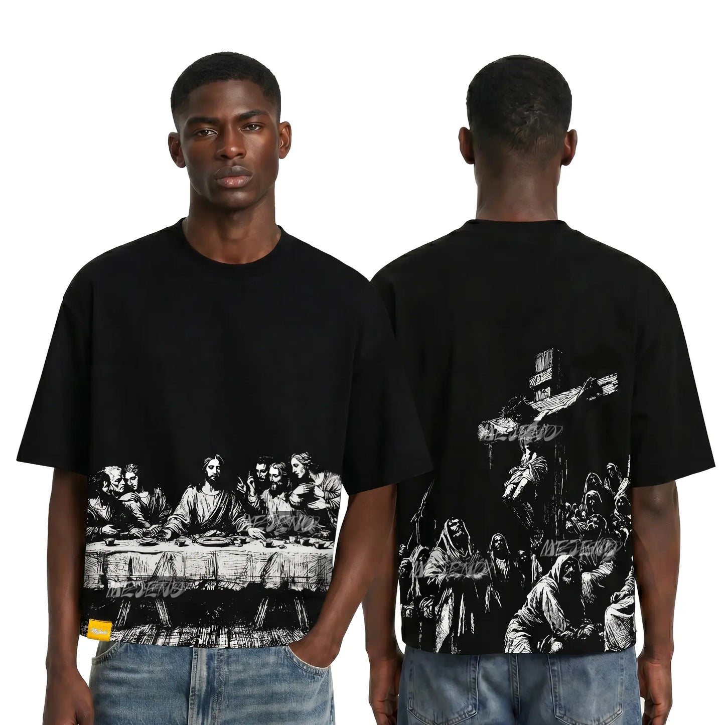 Mejend 12Oz Heavyweight Cropped Tee, Jesus Print Oversized Tee, Streetwear T-Shirt, Gothic Art Heavy Cotton Shirt