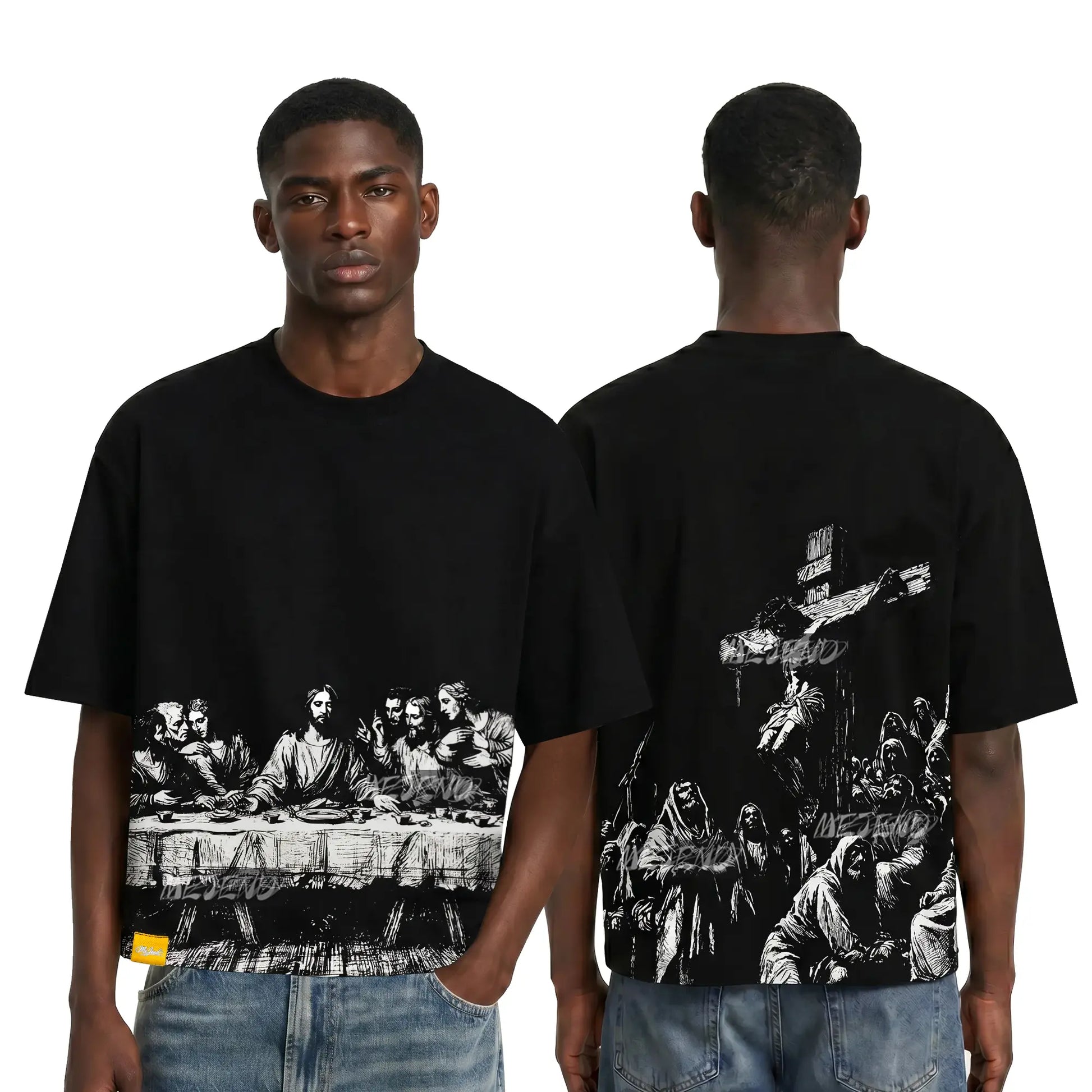Mejend 12Oz Heavyweight Cropped Tee, Jesus Print Oversized Tee, Streetwear T-Shirt, Gothic Art Heavy Cotton Shirt