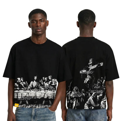 Mejend 12Oz Heavyweight Cropped Tee, Jesus Print Oversized Tee, Streetwear T-Shirt, Gothic Art Heavy Cotton Shirt