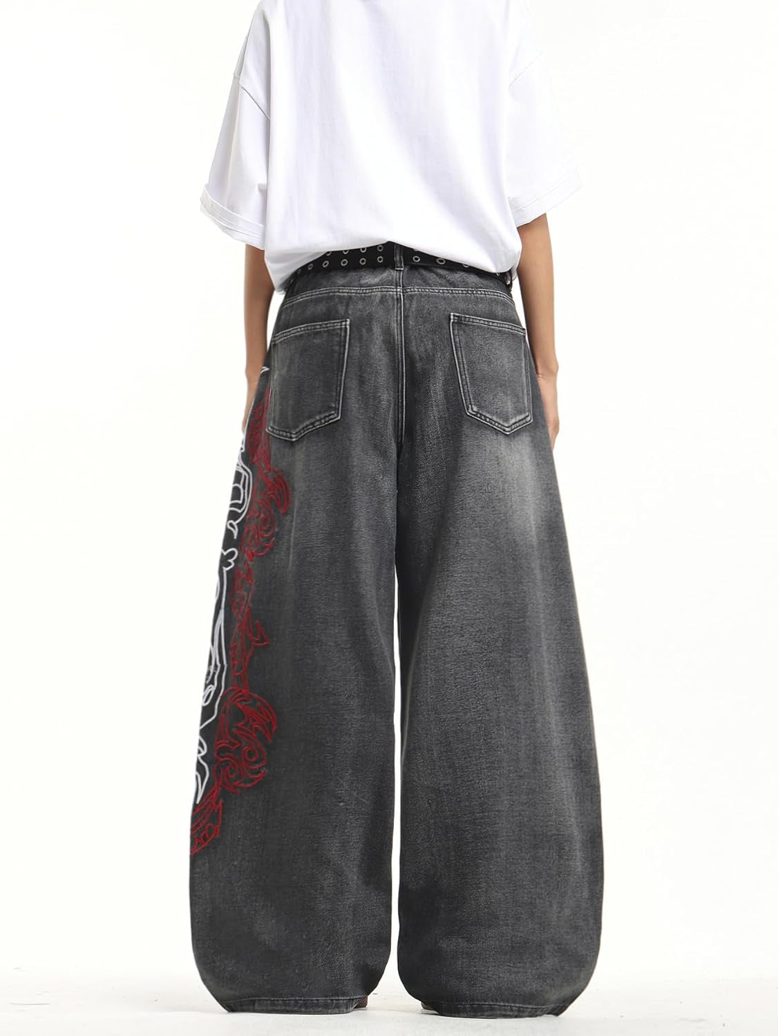Men'S Hip Hop Baggy Jeans Embroidered Wide Leg Skater Jeans Loose Fit Denim Pants Streetwear