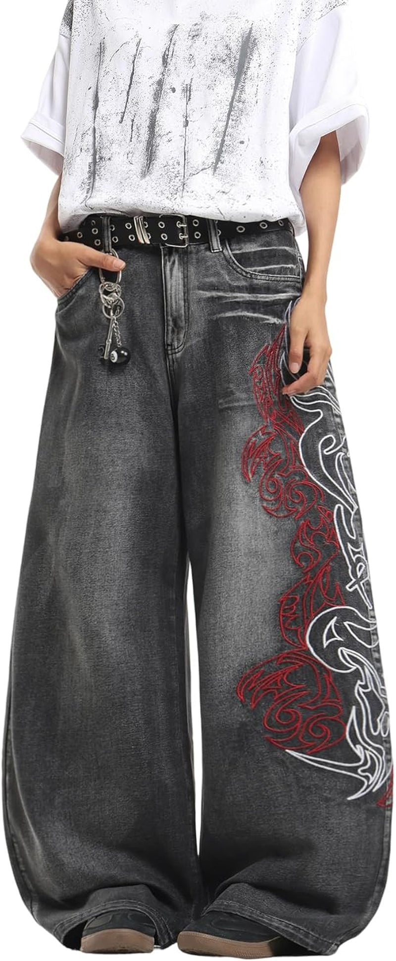 Men'S Hip Hop Baggy Jeans Embroidered Wide Leg Skater Jeans Loose Fit Denim Pants Streetwear
