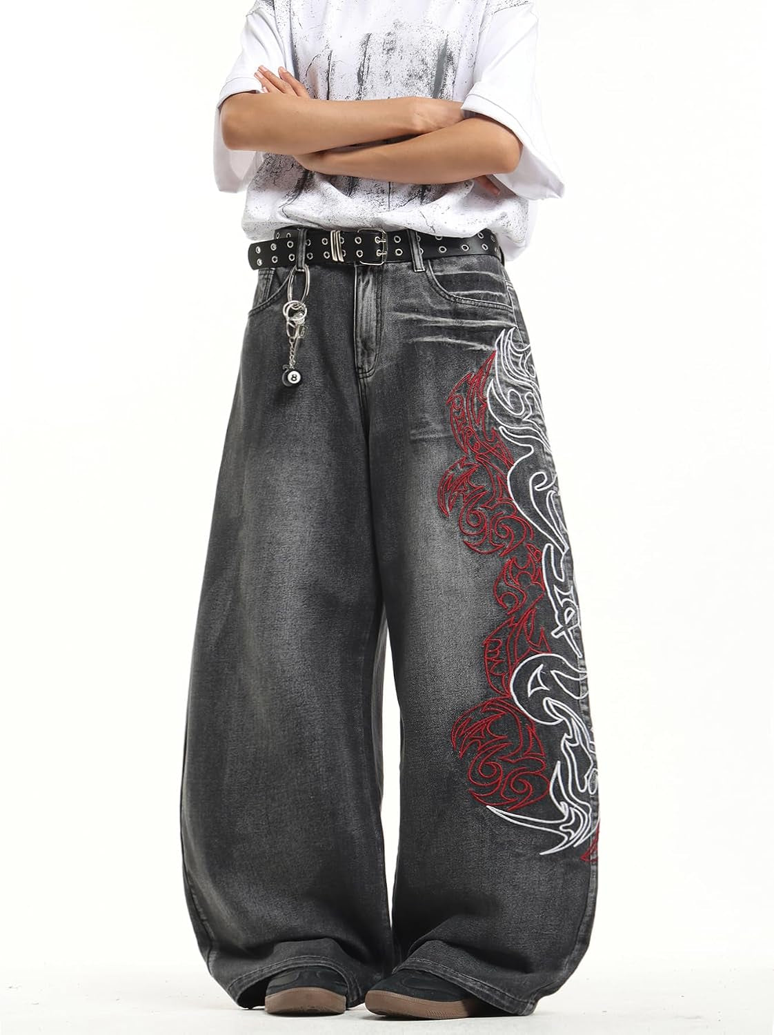 Men'S Hip Hop Baggy Jeans Embroidered Wide Leg Skater Jeans Loose Fit Denim Pants Streetwear