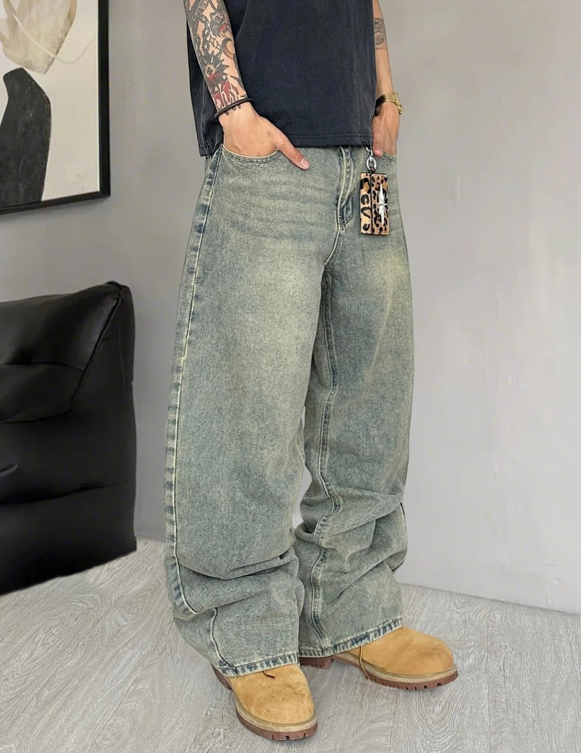 Mens Wide Leg Jeans Super Baggy Pants Y2K Loose Fit Denim Jeans Skater Trousers Streetwear