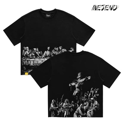 Mejend 12Oz Heavyweight Cropped Tee, Jesus Print Oversized Tee, Streetwear T-Shirt, Gothic Art Heavy Cotton Shirt