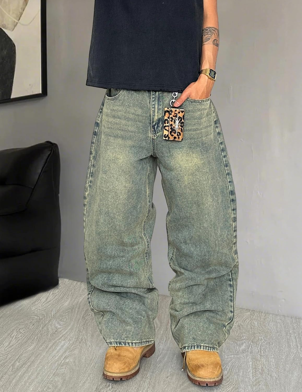 Mens Wide Leg Jeans Super Baggy Pants Y2K Loose Fit Denim Jeans Skater Trousers Streetwear