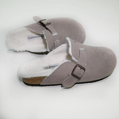 Snowind Women Men round Toe Cork Footbed Clogs with Adjustable Flat Buckle, Suede Texture, and Casual Outdoor Slip-On Design
